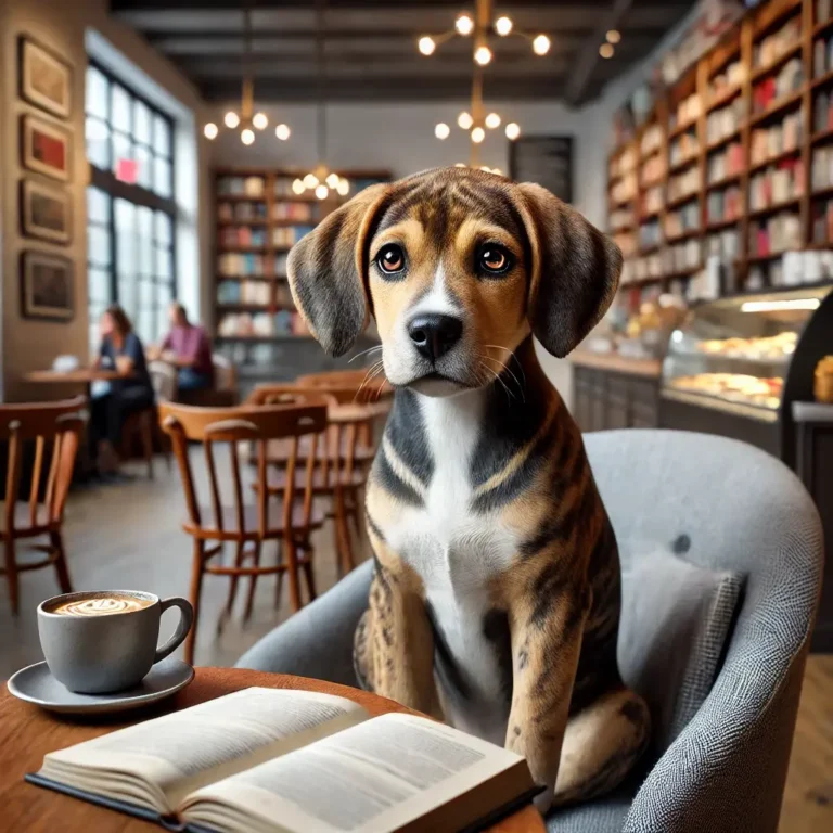 A hyper-realistic image of a Brindle Beagle Pitbull mix puppy sitting inside a bookstore café.