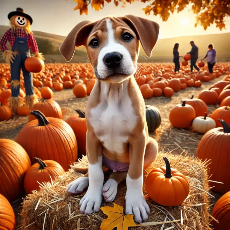 A hyper-realistic image of a Pitbull Beagle Lab mix puppy sitting on a hay bale at a pumpkin patch during autumn.