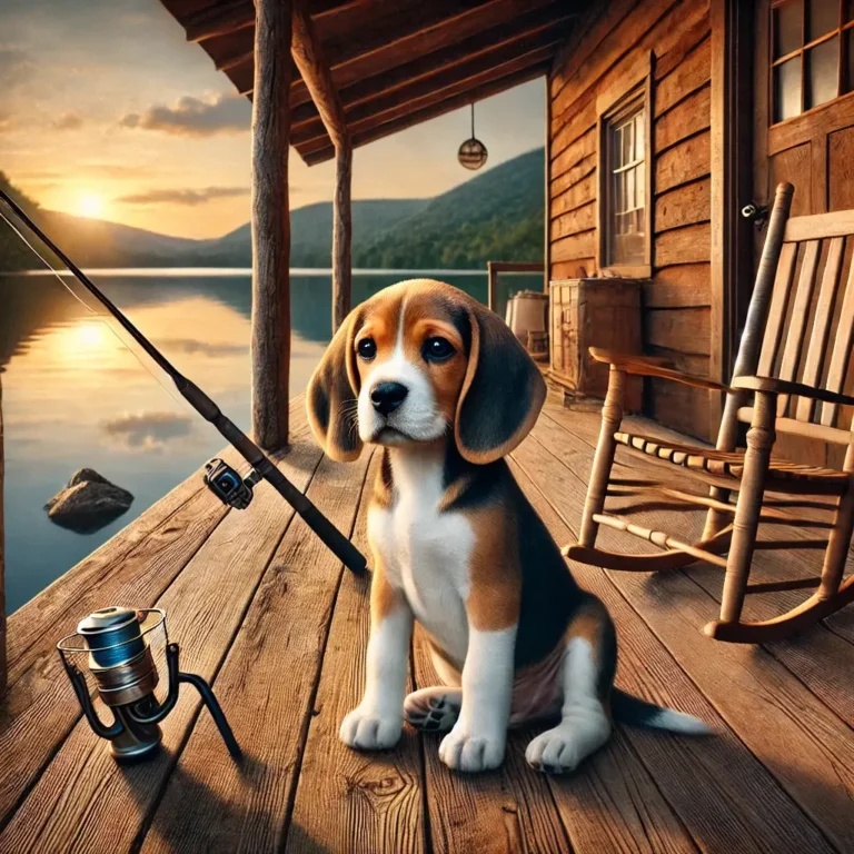 A hyper-realistic image of a Beagle Blue Tick Hound puppy sitting on a wooden porch of a lakeside cabin.