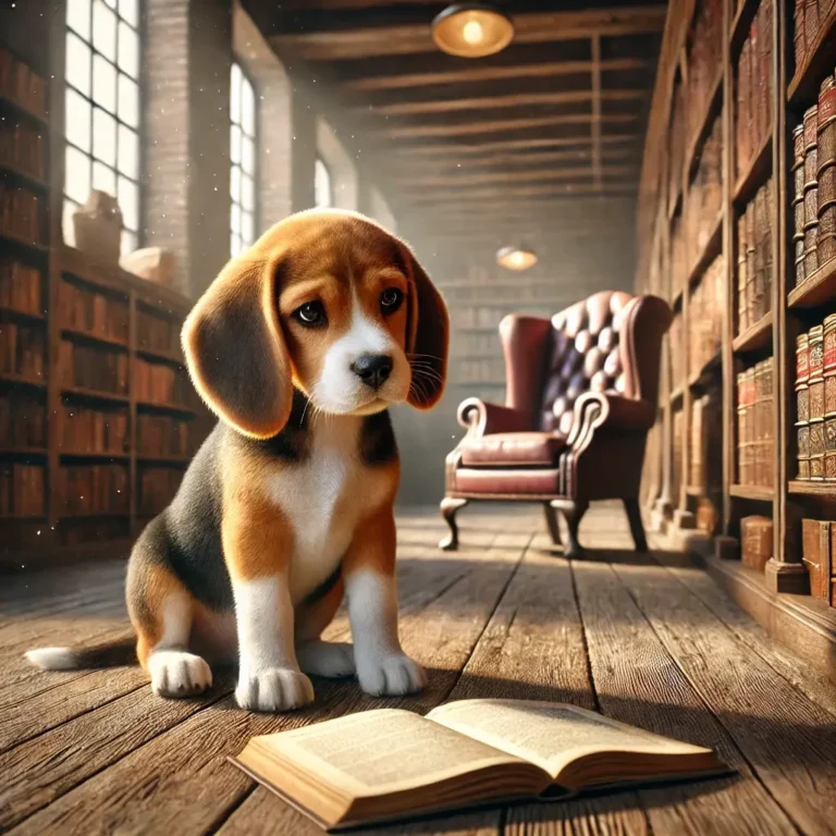 A hyper-realistic image of a Beagle Basset Hound mix puppy sitting inside a bookstore filled with antique books.