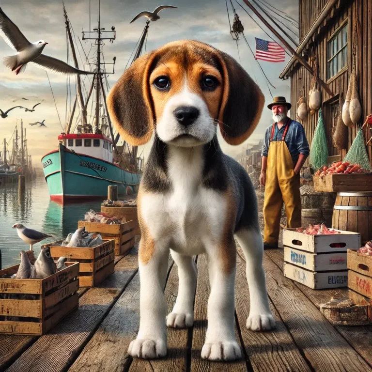 A hyper-realistic image of a Beagle Hound mix puppy standing on a wooden pier at a fishing harbor.