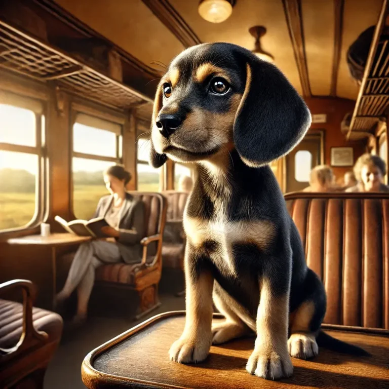 A hyper-realistic image of a Black Beagle puppy sitting inside an old train carriage.