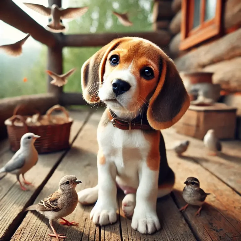 A Beagle Harrier puppy sitting on a rustic wooden porch