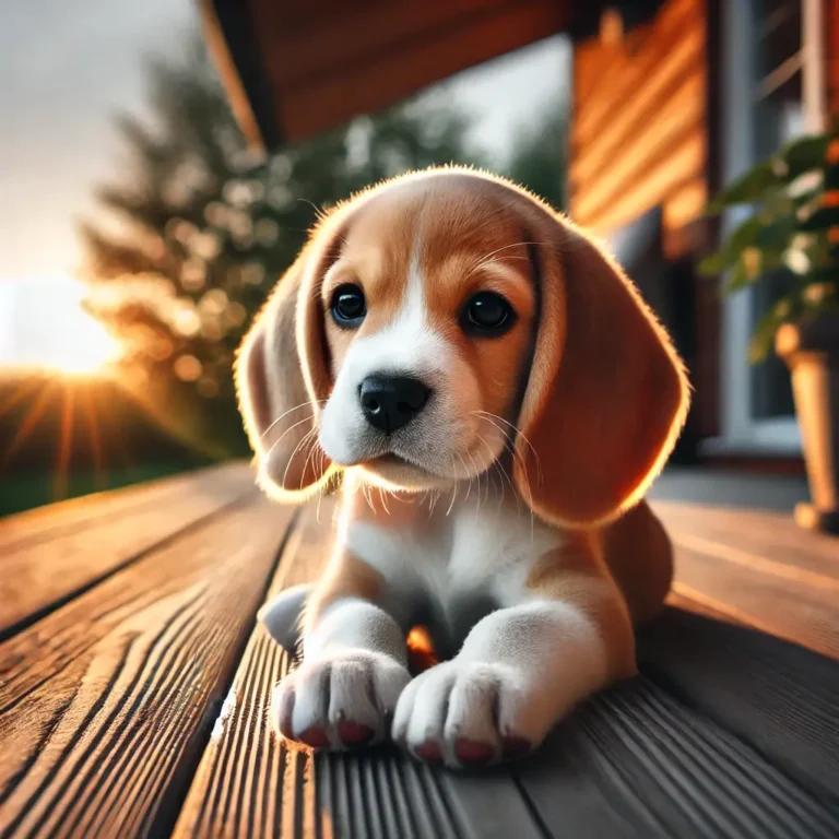 Lemon Beagle puppy lying on a wooden porch