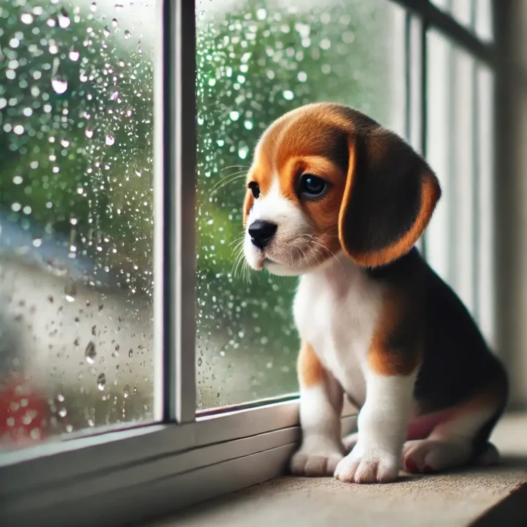 A Pocket Beagle puppy standing on a windowsill