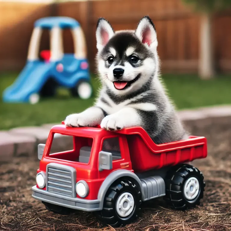 A Husky French Bulldog mix puppy riding in a child’s toy truck
