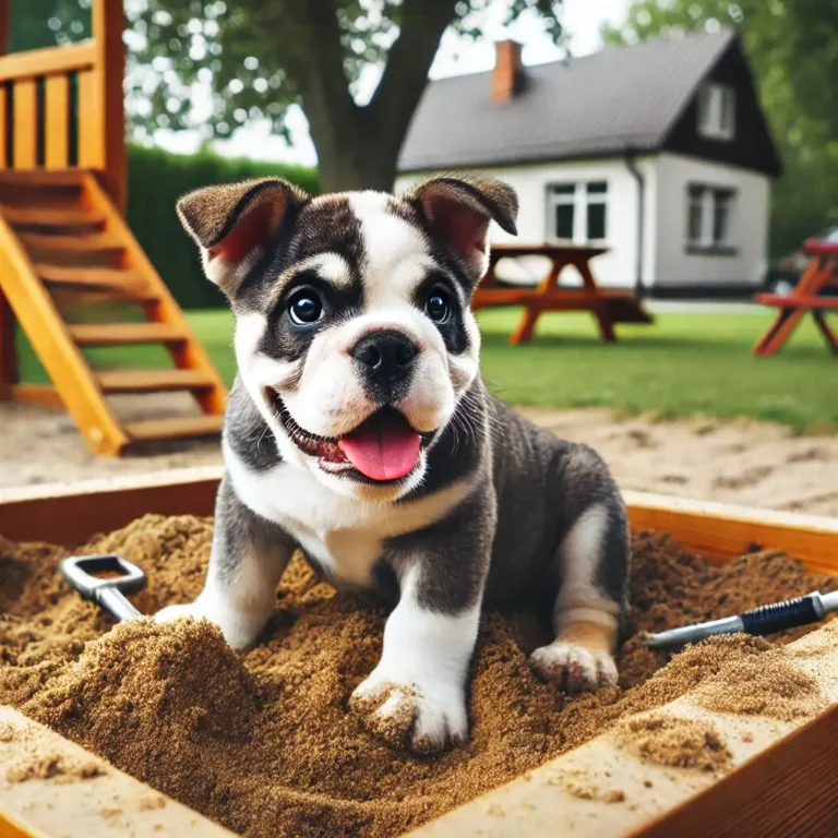 An English Bulldog Husky mix puppy playing in a sandbox at the park