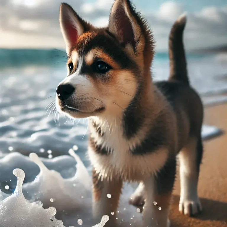 A Husky Bulldog mix puppy standing on a beach