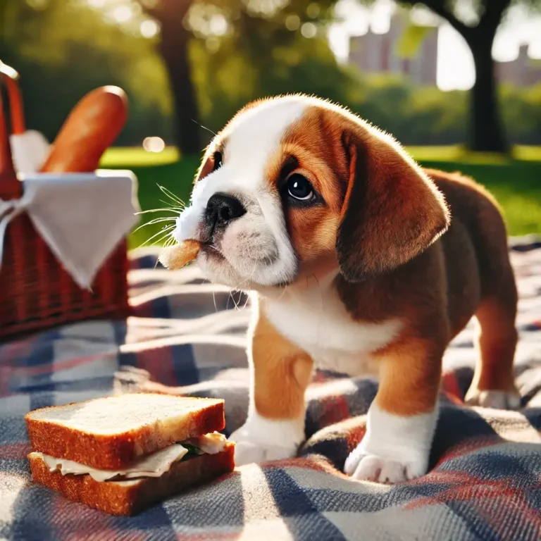 An English Bulldog Beagle mix puppy standing on a picnic blanket in a park