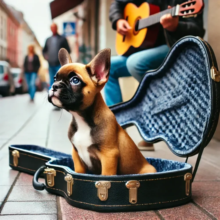 A French Bulldog Beagle mix puppy sitting inside a musician's guitar case on the street