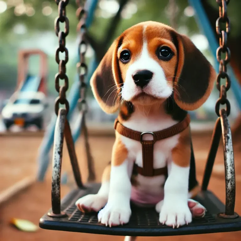 A Beagle Bulldog mix puppy sitting on a park swing