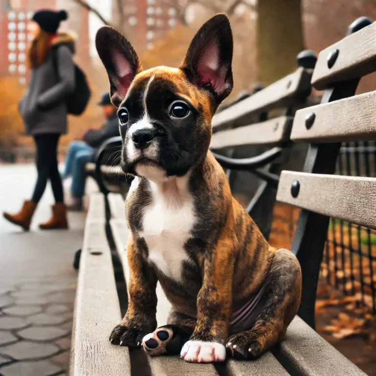 A French Bulldog Boxer mix puppy sitting on a park bench
