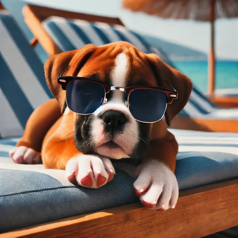 An English Bulldog Boxer mix puppy lying on a sunbed at the beach