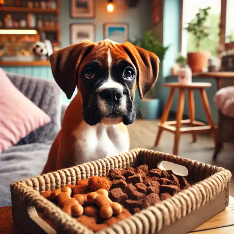 A Boxer Bulldog mix puppy sitting inside a cozy pet café