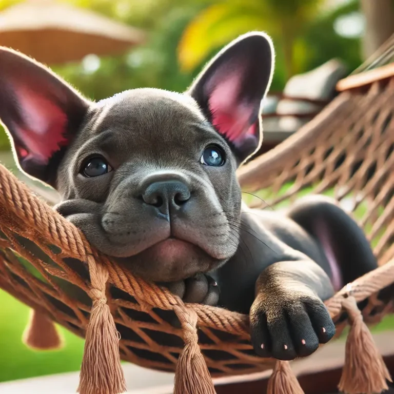 A Blue French Bulldog Pitbull mix puppy lying in a hammock