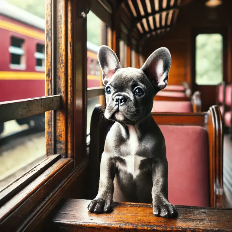 A French Bulldog and Pitbull mix puppy sitting inside a vintage train carriage