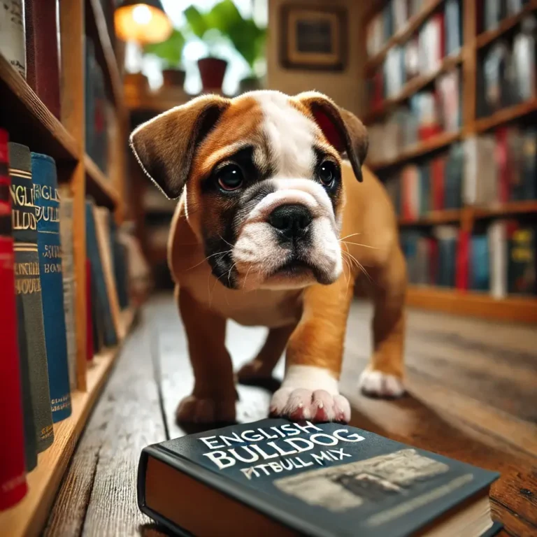 An English Bulldog Pitbull mix puppy exploring a cozy bookstore