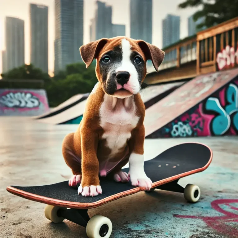A Pitbull Bulldog mix puppy sitting on a skateboard in an urban skate park