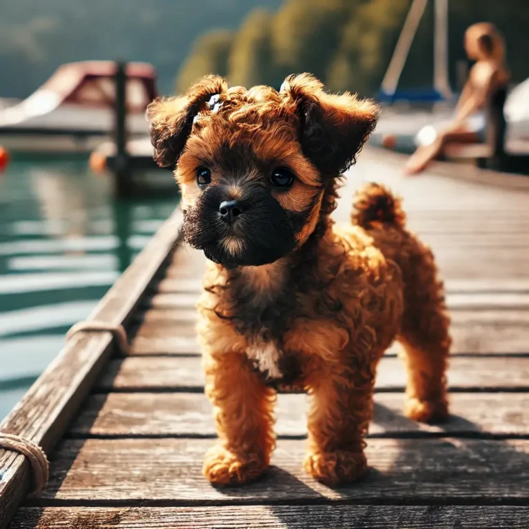 A French Bulldog Poodle mix puppy standing on a wooden dock