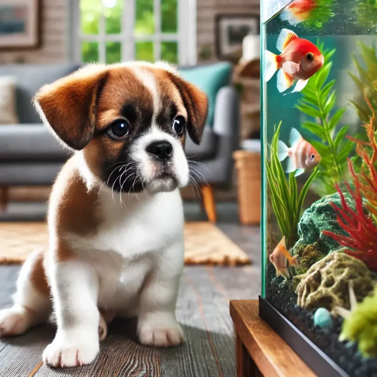 A French Bulldog Shih Tzu mix puppy curiously looking at a fish tank in a cozy living room