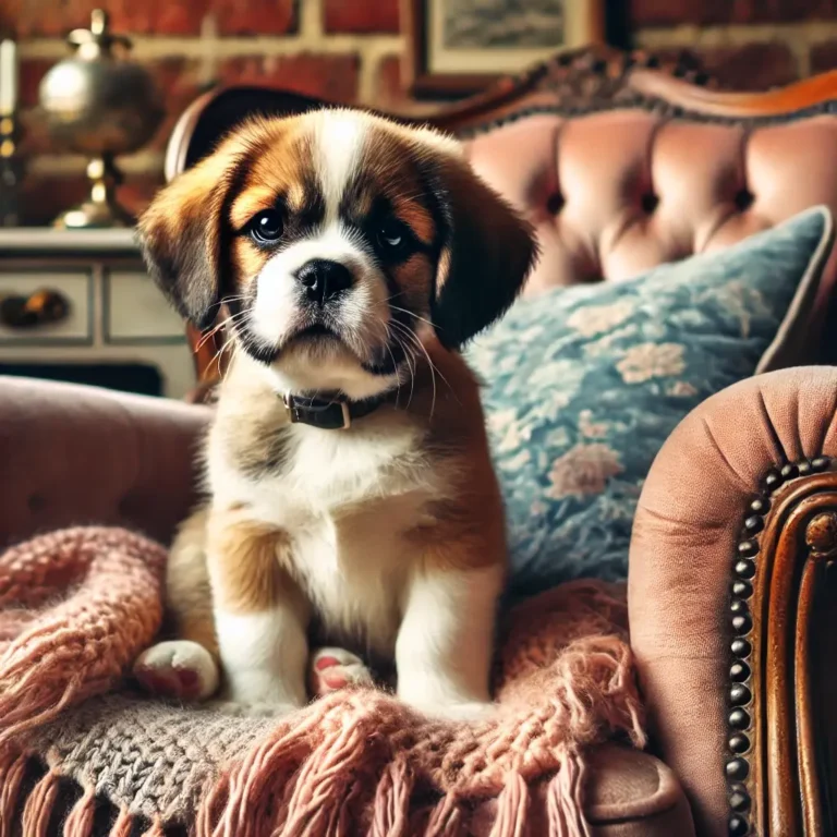 A Bulldog Shih Tzu mix puppy sitting on a vintage armchair in a rustic home