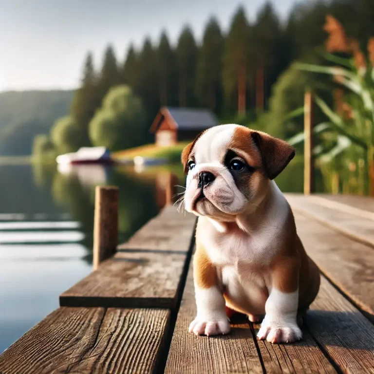 A Miniature English Bulldog puppy sitting on a wooden dock by a serene lake