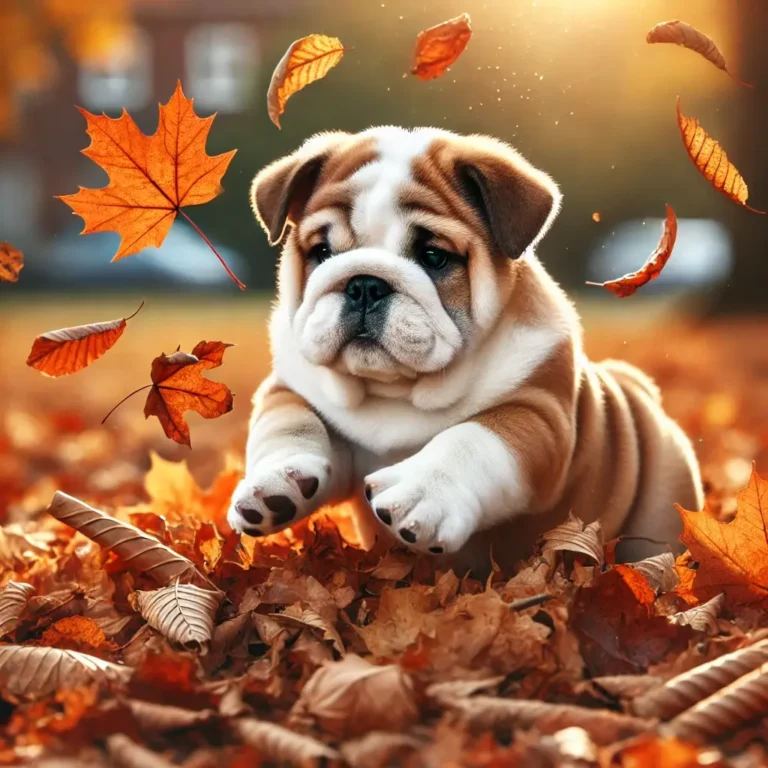 A fluffy English Bulldog puppy playing in a pile of autumn leaves