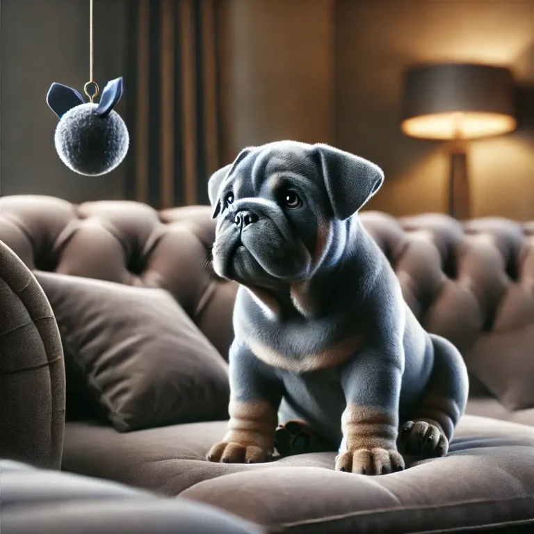 A realistic blue English Bulldog puppy sitting on a luxurious velvet couch in a modern living room