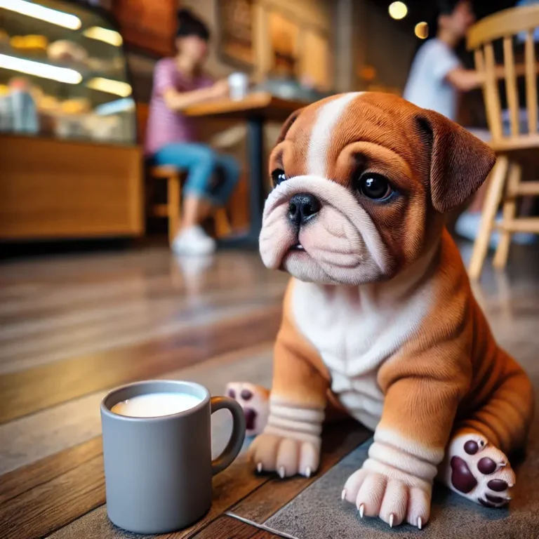 A realistic mini English Bulldog puppy sitting inside a cozy café
