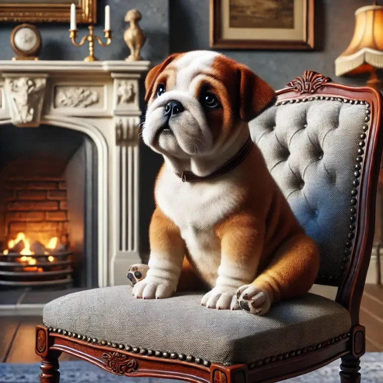 A realistic Old English Bulldog puppy sitting on a cozy armchair in a vintage-style living room