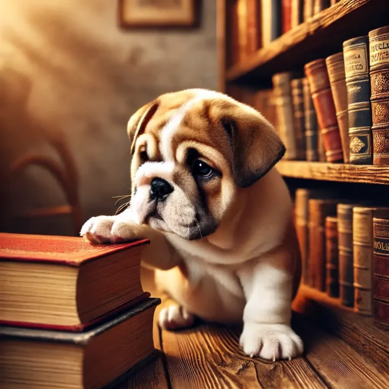A realistic English Bulldog puppy sitting in a bookstore, curiously sniffing books on a wooden shelf