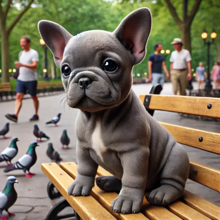 A realistic grey French Bulldog puppy sitting on a park bench, looking at pigeons.