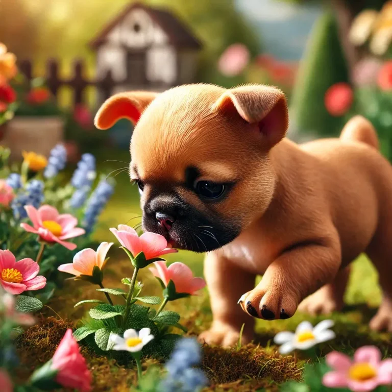 A realistic fawn French Bulldog puppy playing in a garden filled with colorful flowers