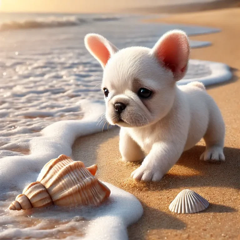 A realistic white French Bulldog puppy exploring a beach