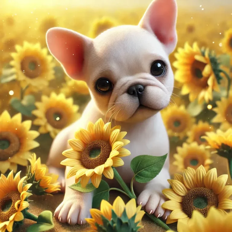 A realistic Isabella French Bulldog puppy playing in a sunflower field
