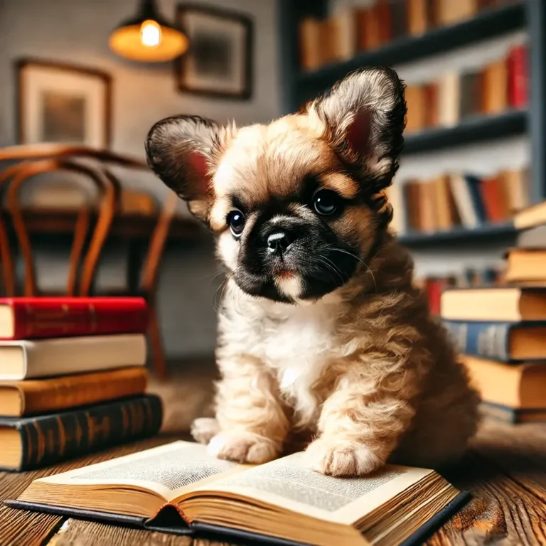 A realistic long-haired French Bulldog puppy sitting inside a cozy bookstore