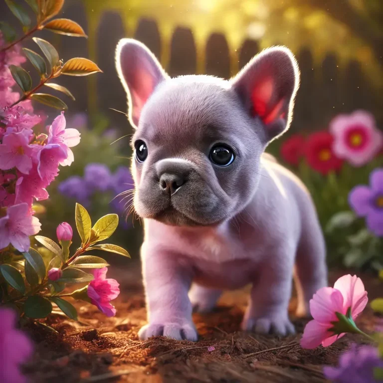 A realistic lilac French Bulldog puppy playing in a garden with colorful flowers