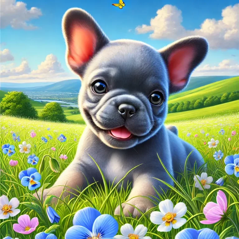 A realistic blue French Bulldog puppy playing in a field of wildflowers under a bright blue sky