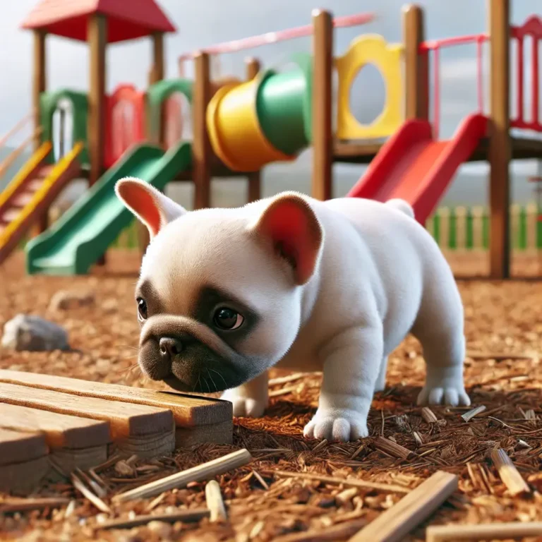 A realistic French Bulldog puppy exploring a children's playground