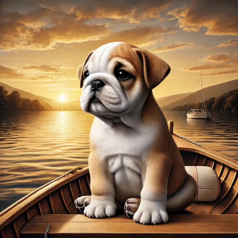 A realistic bulldog puppy sitting on a boat, looking at the water with curiosity