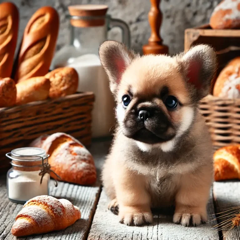 A fluffy French Bulldog puppy sitting inside a rustic bakery