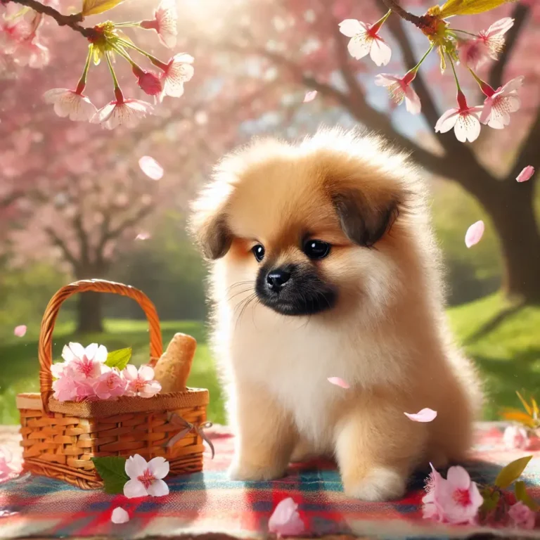 A realistic image of a Pekingese Pomeranian mix puppy in a unique scenario