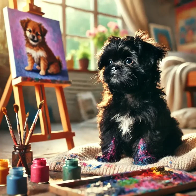 A realistic image of a black Shih Tzu Pomeranian mix