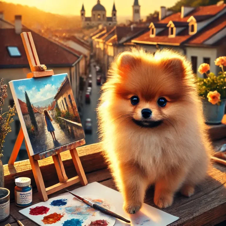 image of a Pomerania Mini puppy is perched on the edge of a painter’s studio balcony overlooking a charmin