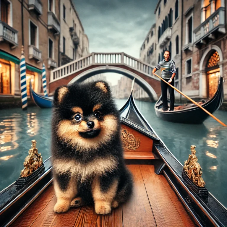 image of a black and tan Pomeranian puppy sitting on a wooden gondola in the middle of a Venetian canal