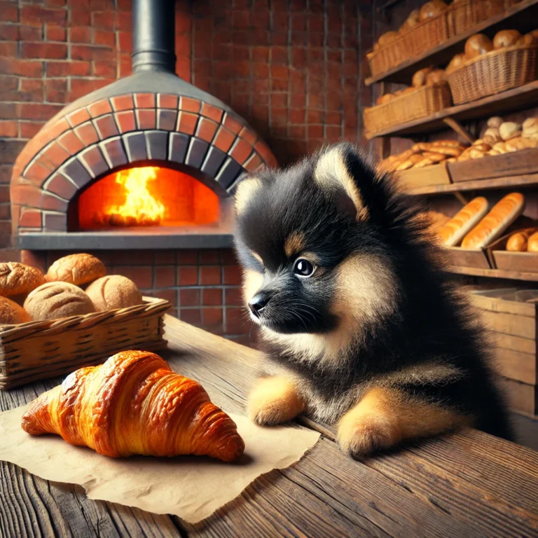 image of a black and brown Pomeranian puppy sitting inside a rustic bakery, watching freshly baked brea