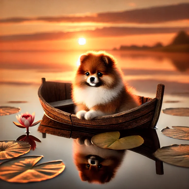 image of a brown and white Pomeranian puppy sitting in a rustic wooden boat drifting along a calm lake