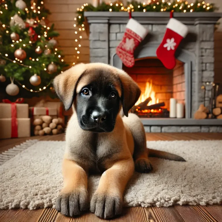 English Mastiff German Shepherd mix puppy sitting in a cozy living room by a fireplace