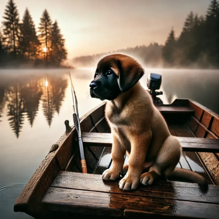 Shepherd Mastiff mix puppy sitting on a wooden fishing boat by a calm lake at dawn