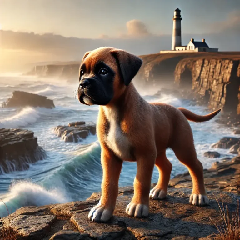 Boxer Mastiff mix puppy standing on a rocky cliffside overlooking the ocean at sunrise